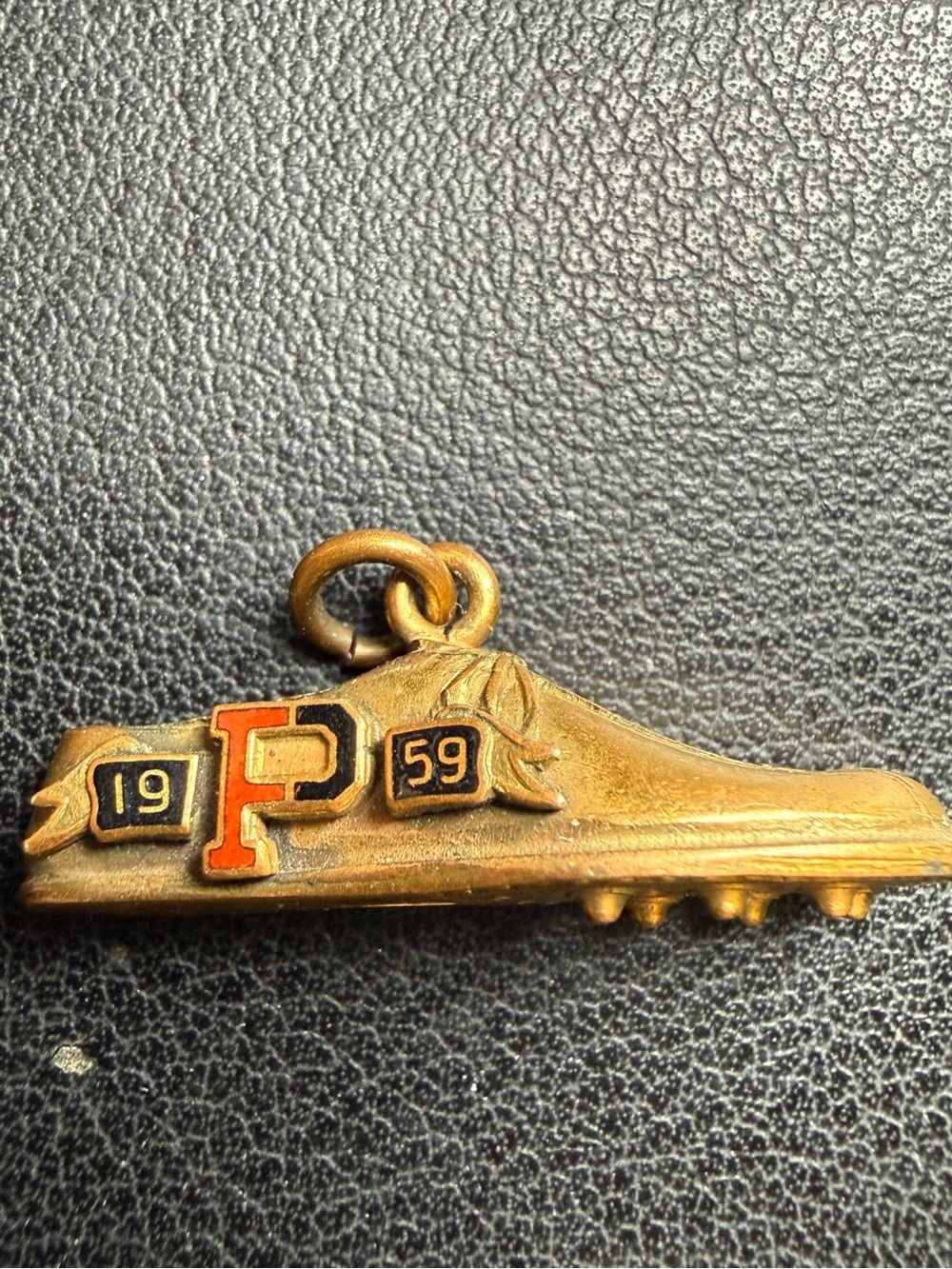 1959 Gold Filled Enamel 3D Track & Field Cleat "P" Shoe Pendant Charm 1 3/16"